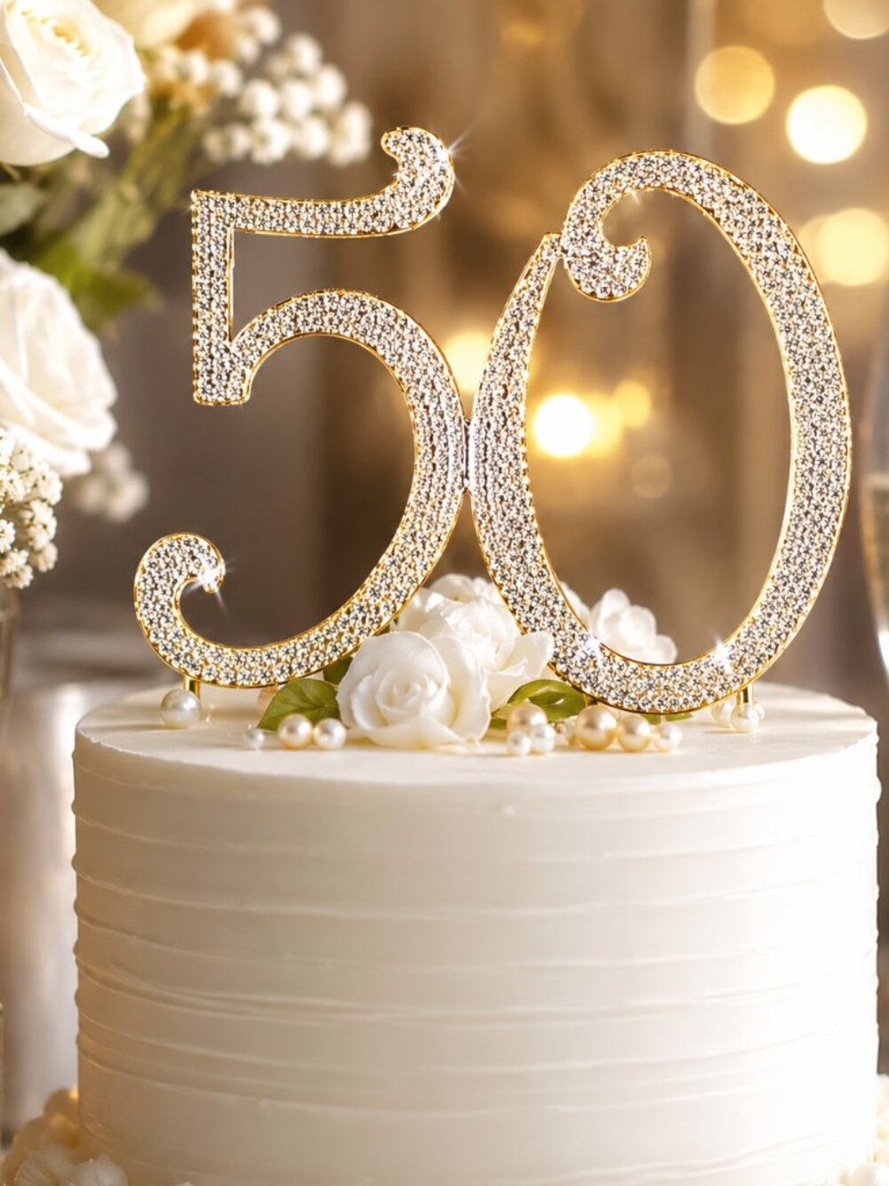 Rhinestone Cake Topper - Number 50 - Gold Metal with Czech Rhinestones